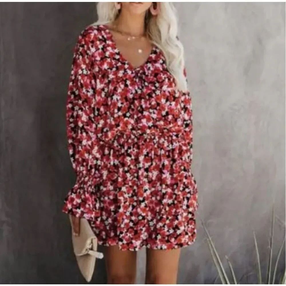 VICI Romantic Hibiscus Floral Ruffle Long Sleeve Tied Front Dress size S